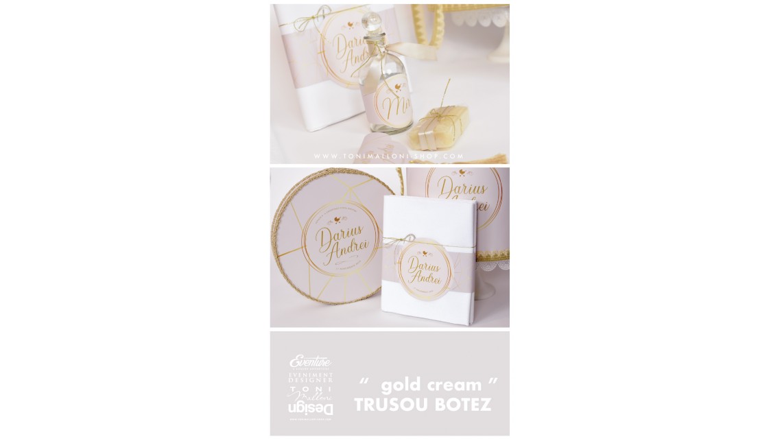 Trusou de botez pentru baieti cu broderie eleganta personalizata, Gold Cream 2